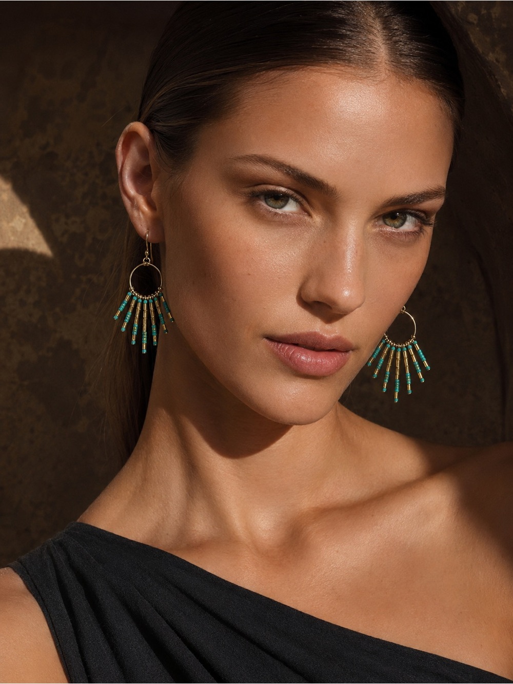 Free People Beaded Hoop Fringe Earrings in Turquoise Gold, Boho Statement